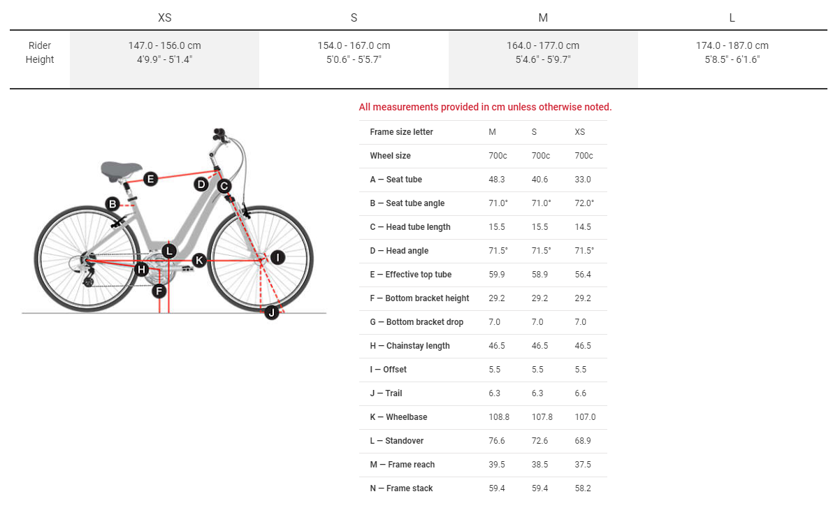 trek hybrid bike size chart