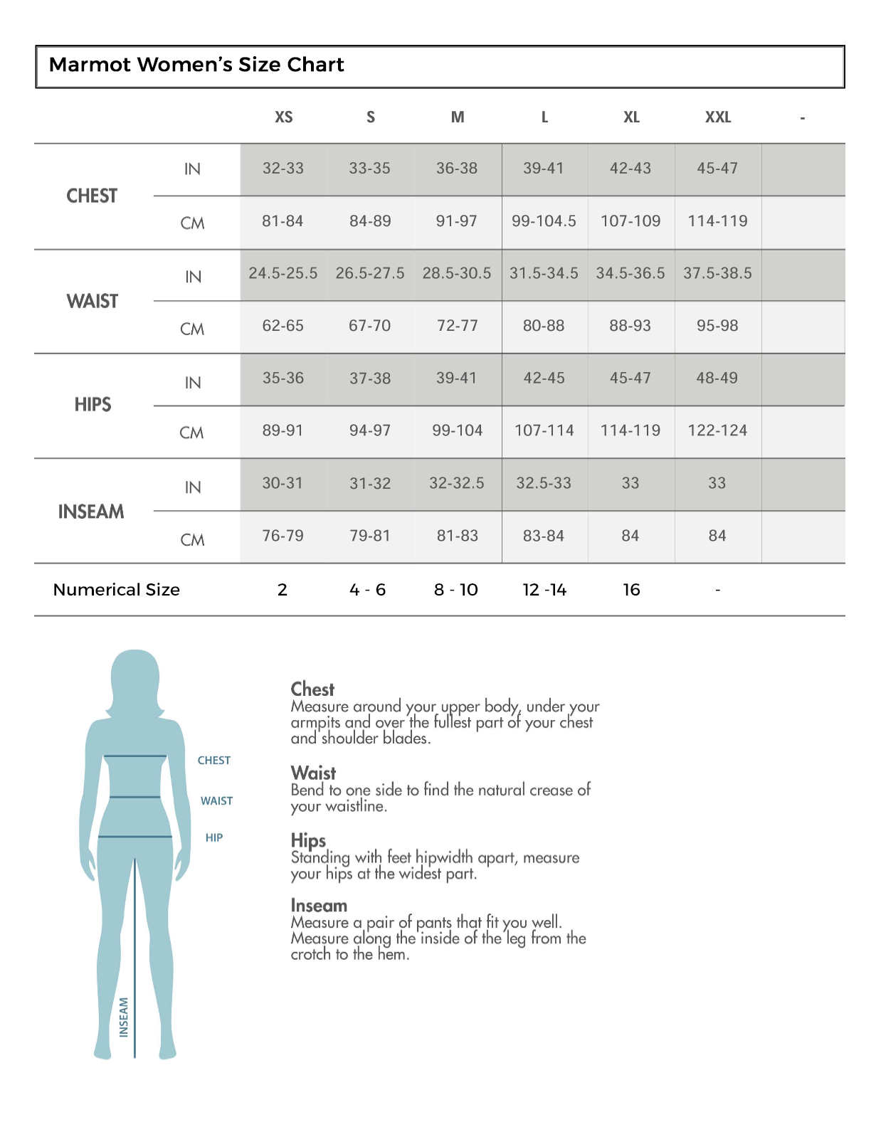 Marmot women's size sales chart