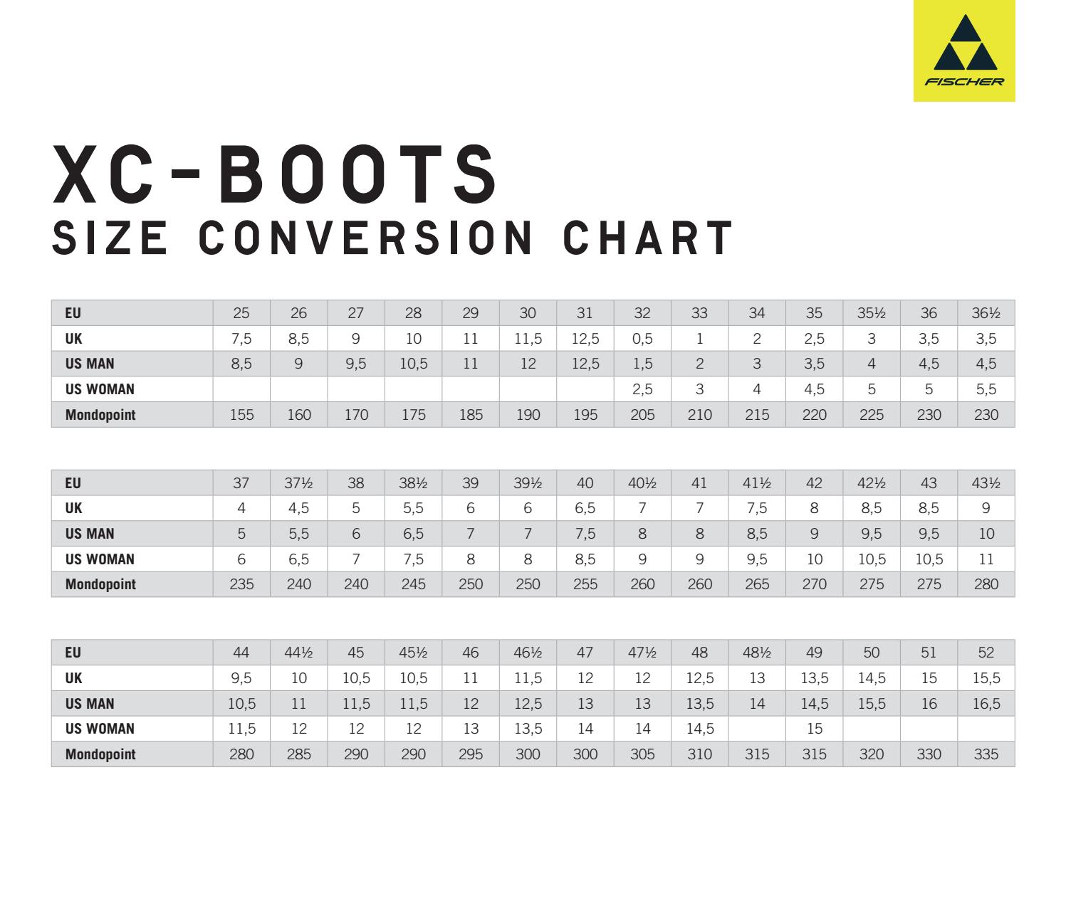 X Country Ski Size Chart