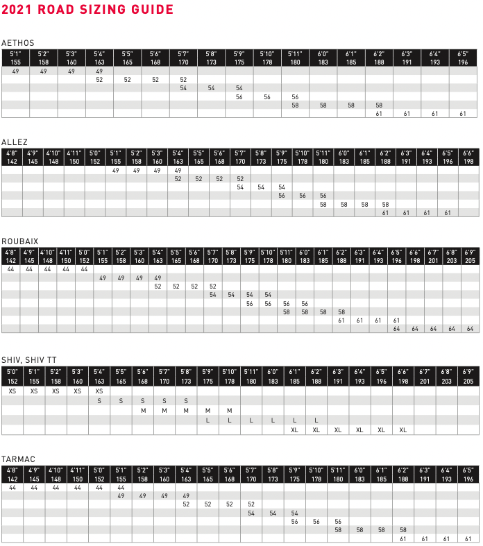 specialized e bike size chart